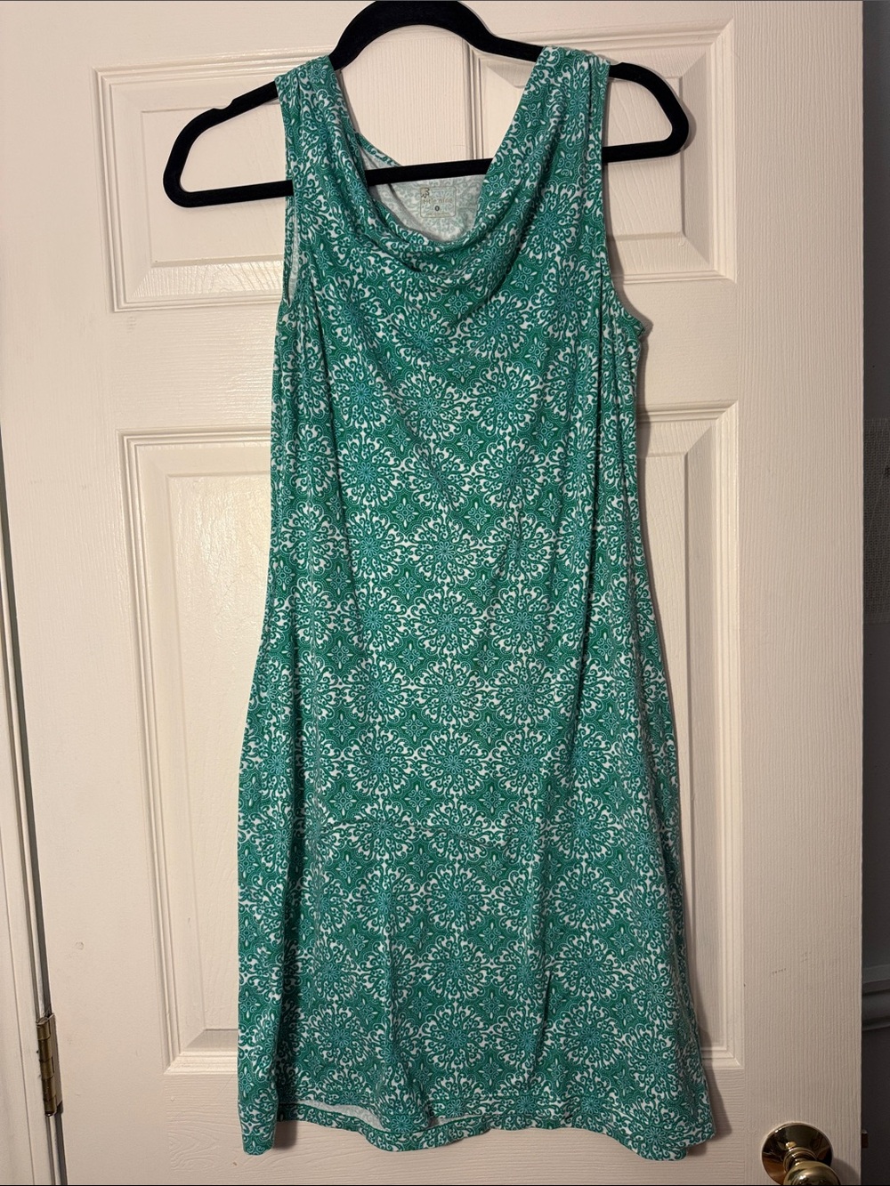 Title Nine Breeze Sleeveless Green and White Printed Cowl Neck Dress